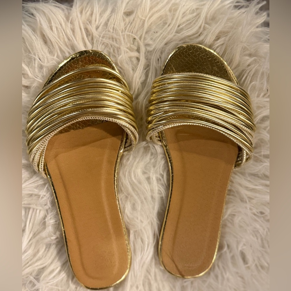 SHEIN Metallic Gold Multi-Strap Slide Mules